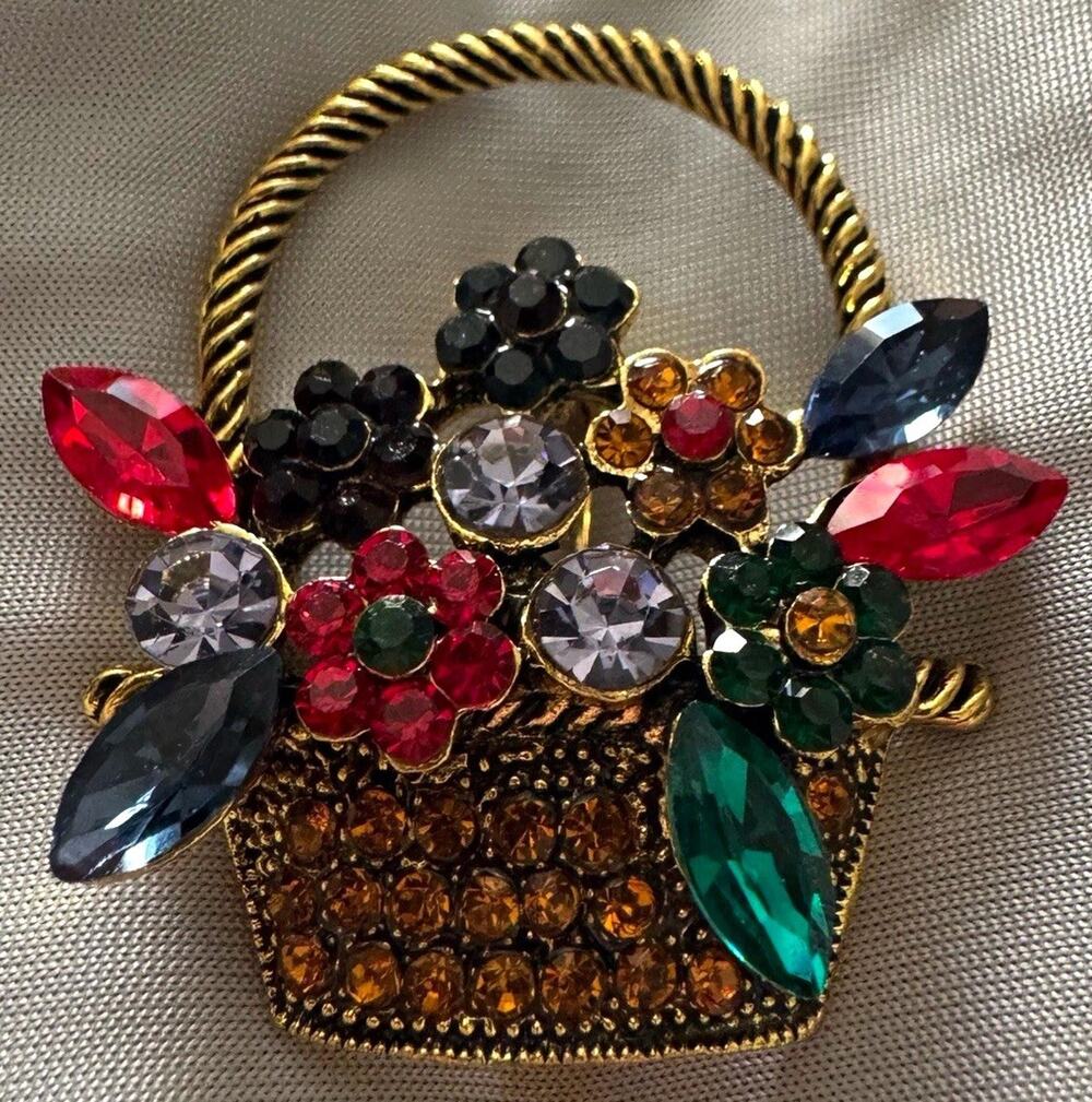 Flower Basket Brooch Multicolor Rhinestone Goldtone Floral Statement Jewelry Pin